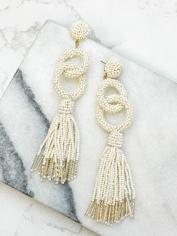 Hoop earrings with a chunky design for a bold and trendy statement-Seed Bead Linked Tassel Earrings - White