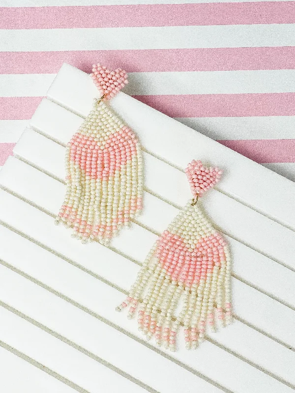 Hoop earrings with circle designs for a classic and timeless shape-Seed Bead Tassel Heart Earrings - Pink