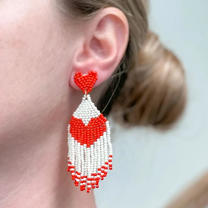 Hoop earrings with spiral designs for a dynamic and fluid look-Seed Bead Tassel Heart Earrings - Red