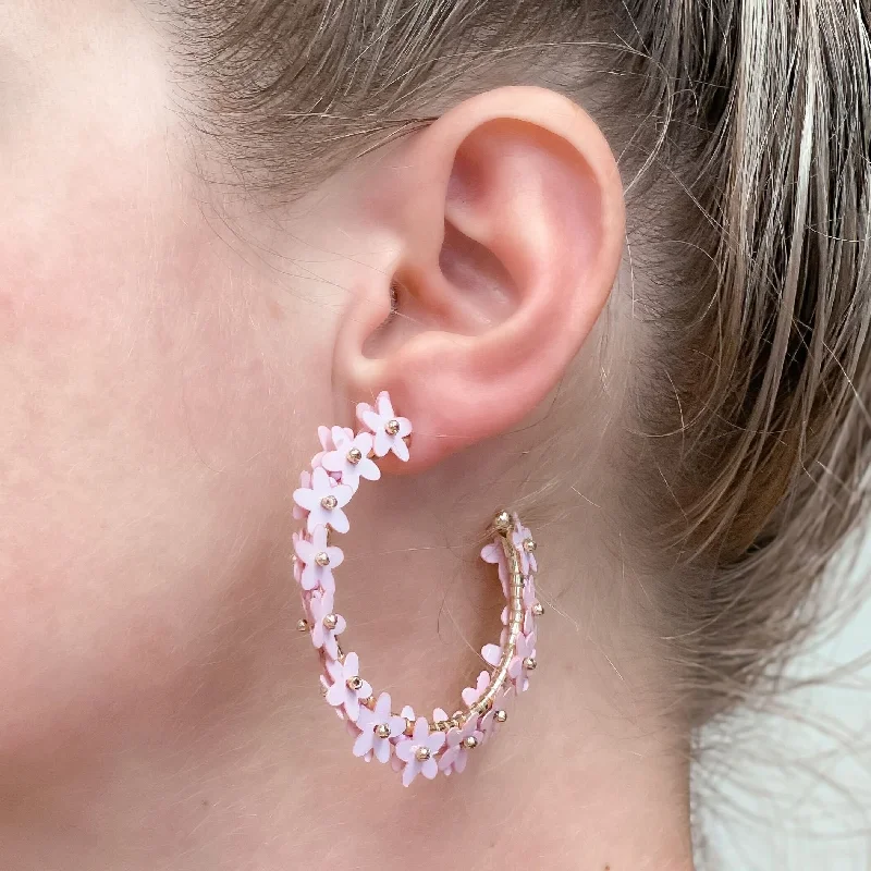 Hoop earrings with colorful beads for a fun and playful vibe-Sequin Flower Lined Hoop Earrings - Lavender