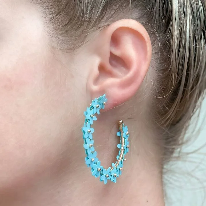 Best hoop earrings with crescent-shaped designs for a bold, moon-inspired style-Sequin Flower Lined Hoop Earrings - Blue