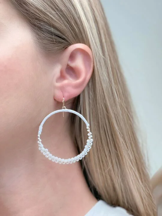 Hoop earrings with oversized designs for a bold, fashion-forward statement-Skinny Open Beaded Dangle Earrings - White