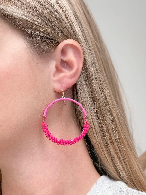 Hoop earrings with dangling charms for a playful and fun look-Skinny Open Beaded Dangle Earrings - Hot Pink