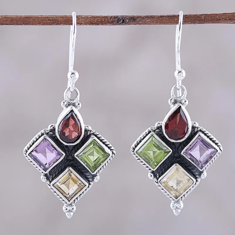 Best hoop earrings with angel wing accents for a spiritual and meaningful design-Sparkling Quartet Indian Garnet Citrine Peridot and Amethyst Dangle Earrings