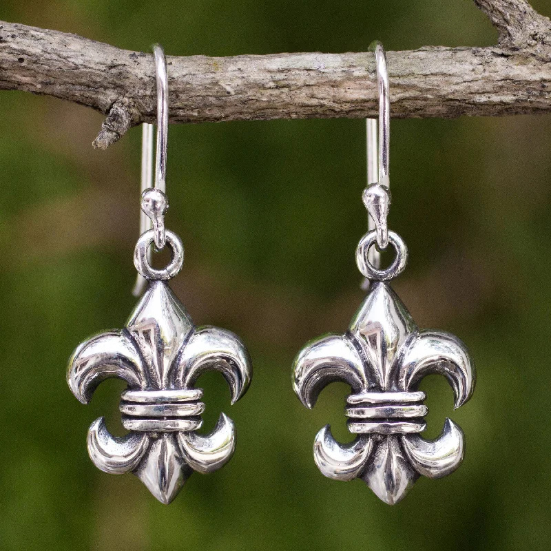 Hoop earrings with faceted crystals for added sparkle and shine-Sterling Silver Fleur-de-lis Dangle Earrings