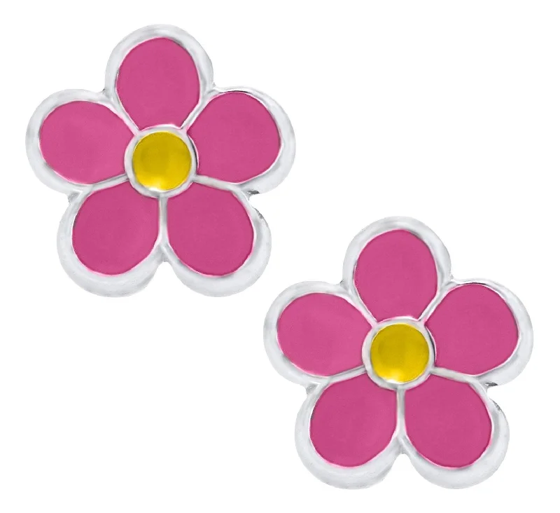 Hoop earrings with faceted crystals for added sparkle and shine-Sterling Silver Pink and Yellow Flower Baby Studs