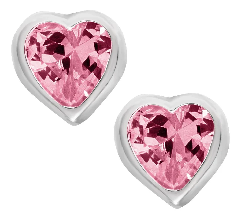 Medium hoop earrings for an everyday look with the perfect balance of style-Sterling Silver Pink Cubic Zirconia Heart Baby Studs-October