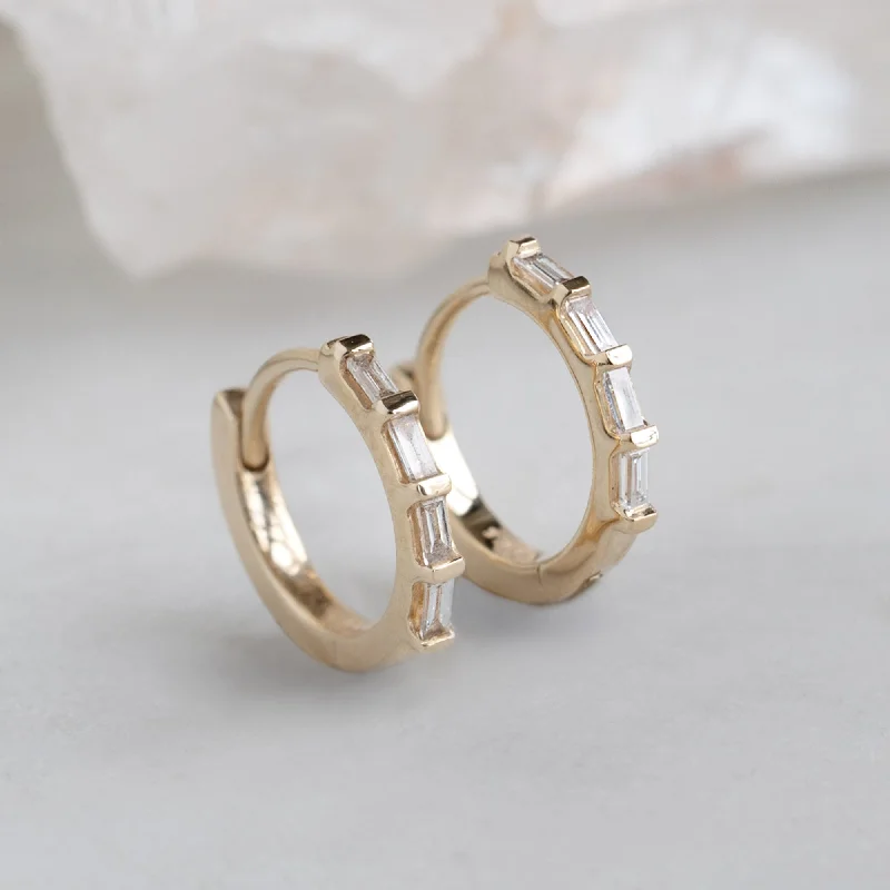 Best hoop earrings with vintage-style detailing for a nostalgic and timeless look-The Baguette White Diamond Huggie Hoops | 14K Yellow Gold