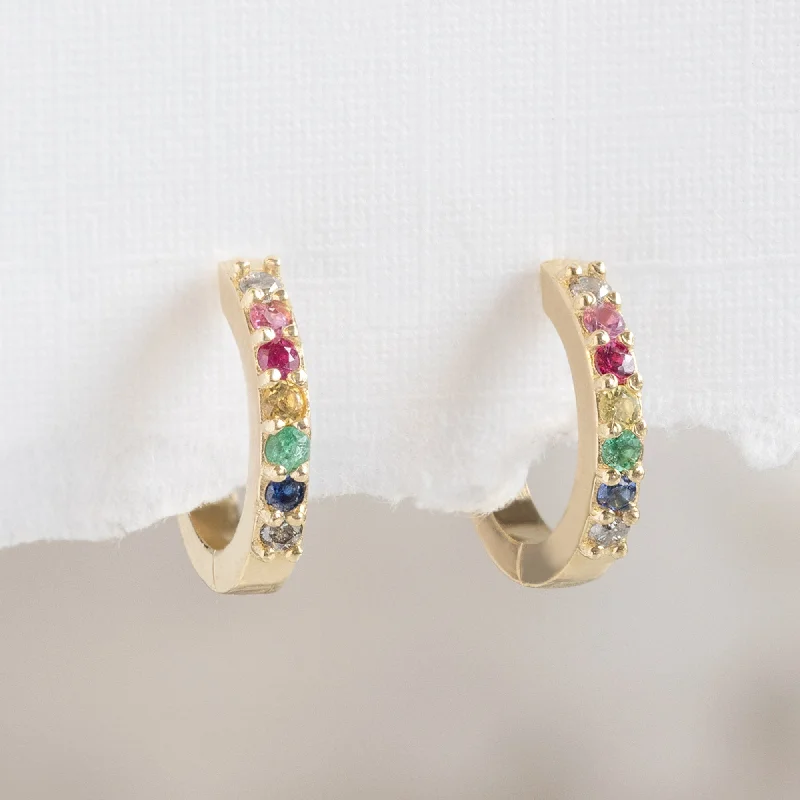 Hoop earrings with tortoiseshell designs for a chic and classic style-The Rainbow Sapphire Pavé Huggie Hoops | 14K Yellow Gold