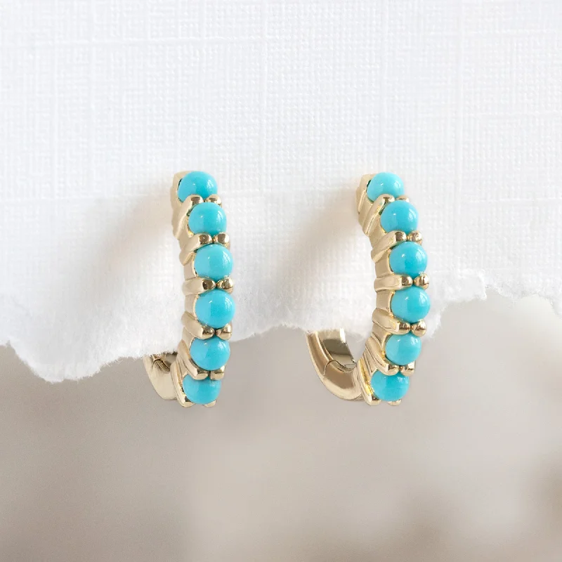 Hoop earrings with leather accents for a sleek and bold combination-The Turquoise Huggie Hoop Earrings | 14K Yellow Gold