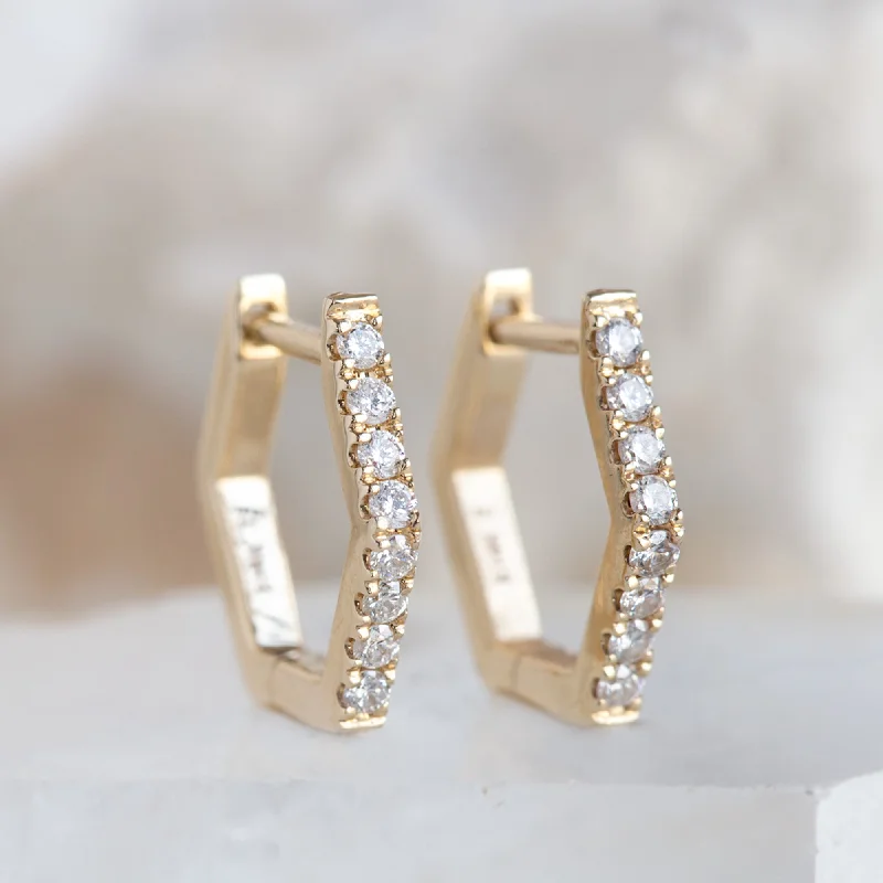 Hoop earrings with stacked layers for a bold and textured design-The White Diamond Pavé Hexagon Hoops | 14K Yellow Gold