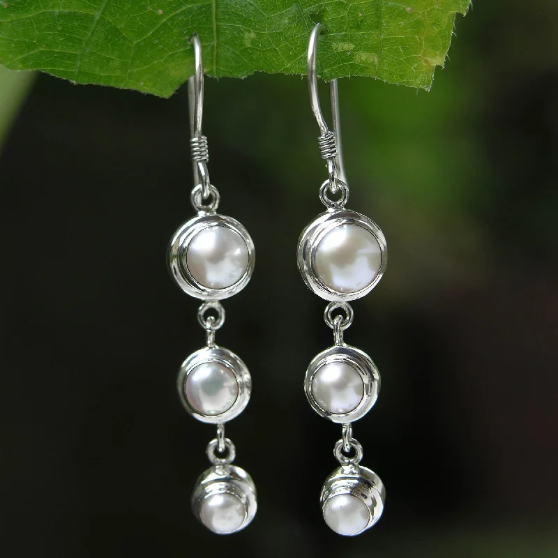 Hoop earrings with floral motifs for a feminine and nature-inspired look-Three Full Moons Pearl Earrings