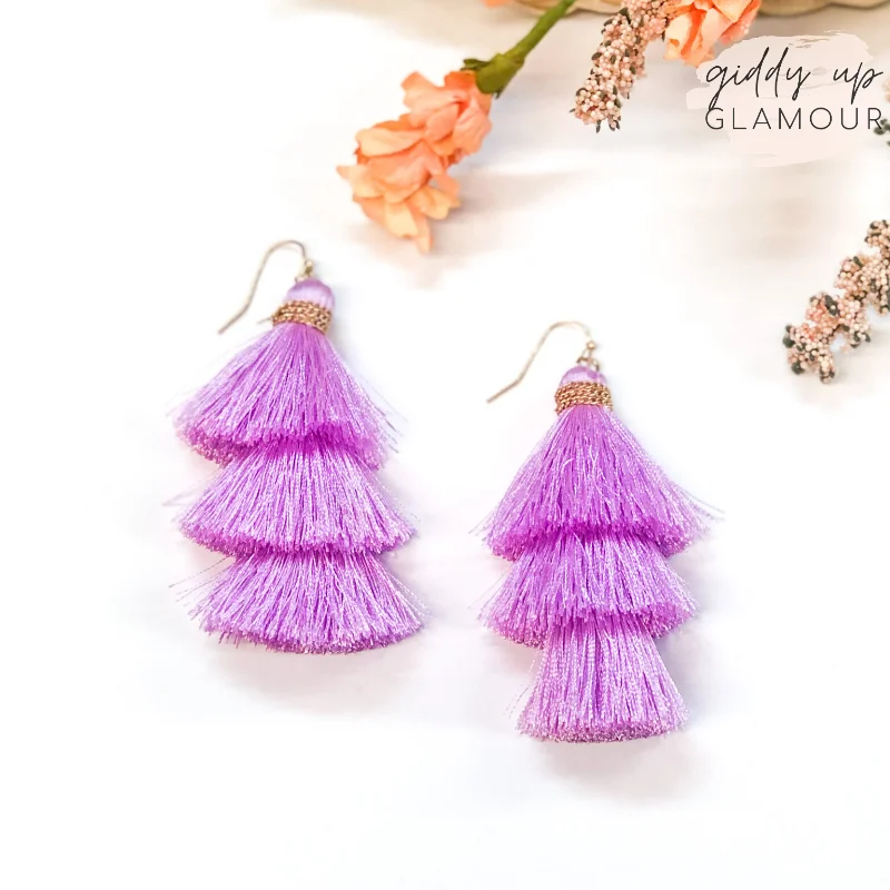 Hoop earrings with tortoiseshell designs for a chic and classic style-Three Tiered Tassel Earrings in Lilac