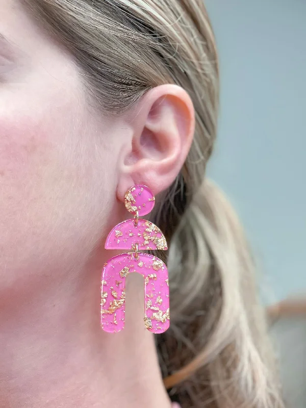 Hoop earrings with oversized pearl accents for a statement-making look-Tiered Geometric Arch Gold Foil Dangle Earrings - Pink