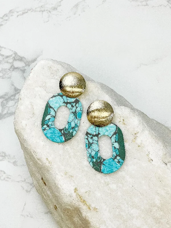 Best hoop earrings with floral designs for a feminine and delicate look-Turquoise & Gold Geometric Clay Dangles - Oval