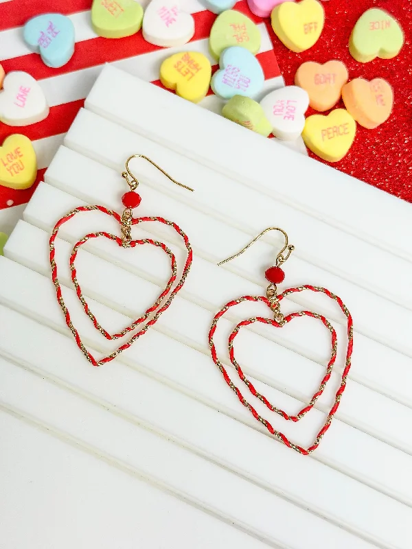 Best hoop earrings with hammered gold for a rustic yet elegant look-Wrapped Double Heart Dangle Earrings - Red