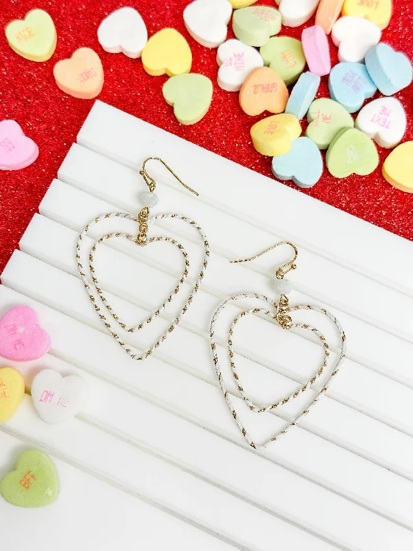 Best hoop earrings with twisted rope designs for a nautical-inspired style-Wrapped Double Heart Dangle Earrings - White