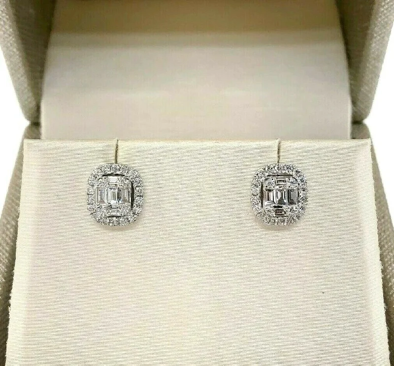 Stud Earrings with Floral Motifs -0.51 Carat t.w. Diamond Invisible Set Cushion Stud Earrings 18K White Gold