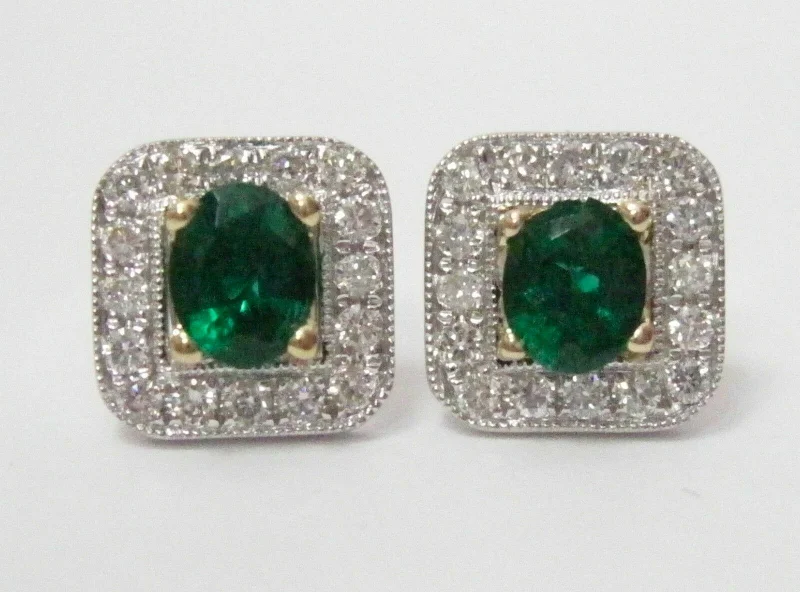 Animal Print Stud Earrings for Fun -1.12 TCW Natural Oval Green Emerald & Diamond Accents Stud Earrings 18kt WG