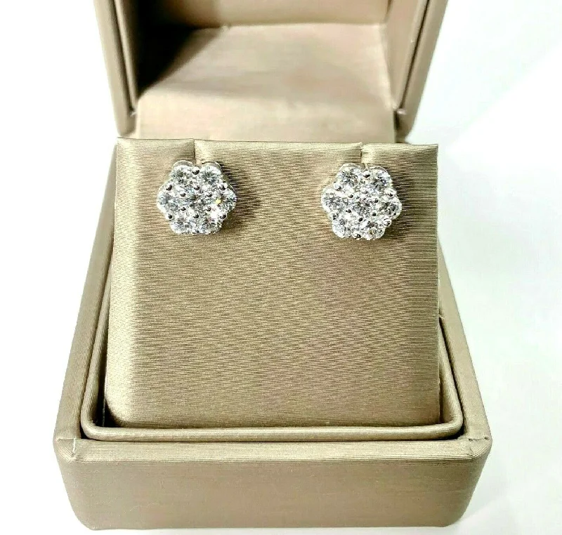 Stud Earrings for Mother's Day -1.70 Carats t.w. Round Diamond Flower Cluster Stud Earrings 14K White Gold