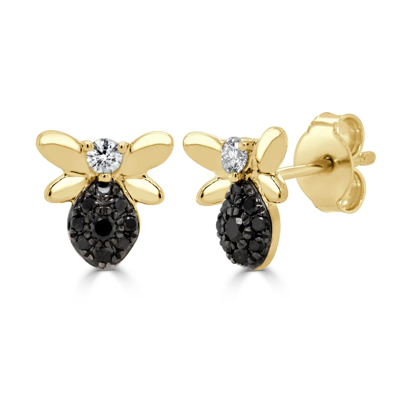 Gemstone Stud Earrings for Color -14k Gold Black & White Diamond Bumble Bee Stud Earrings