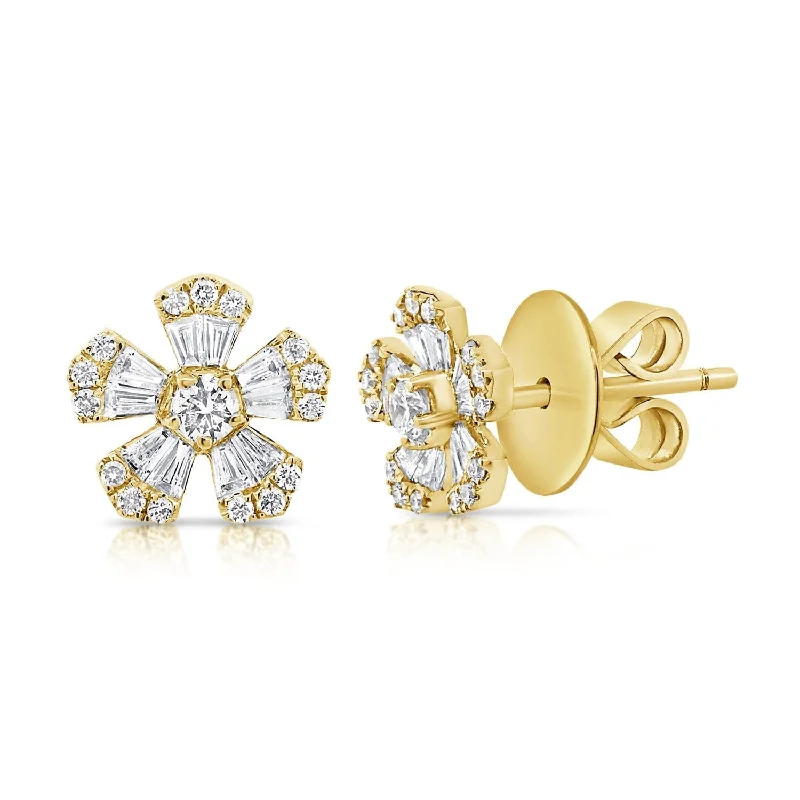 Contemporary Stud Earrings for Fashion -14k Gold & Diamond Baguette Flower Stud Earrings