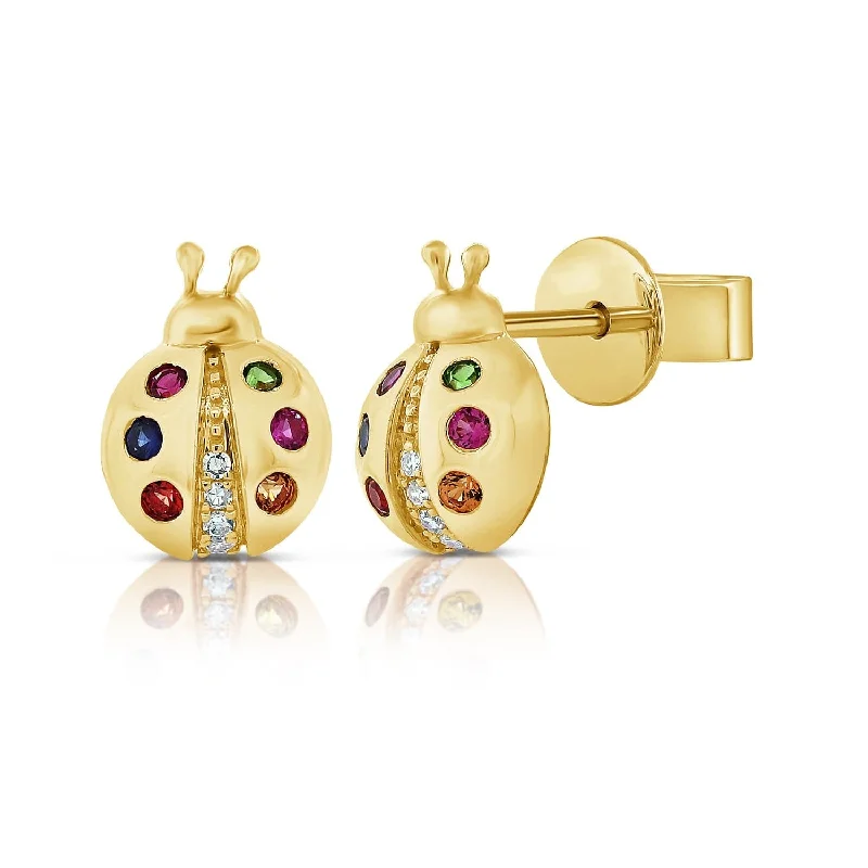 Double Stud Earrings for Impact -14k Gold Diamond & Sapphire Ladybug Stud Earrings