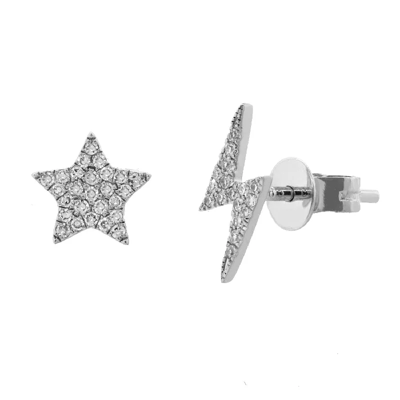 Nickel Free Stud Earrings for Safety -14k Gold & Diamond Stud & Lightning Bolt Mis-Matched  Stud Earrings