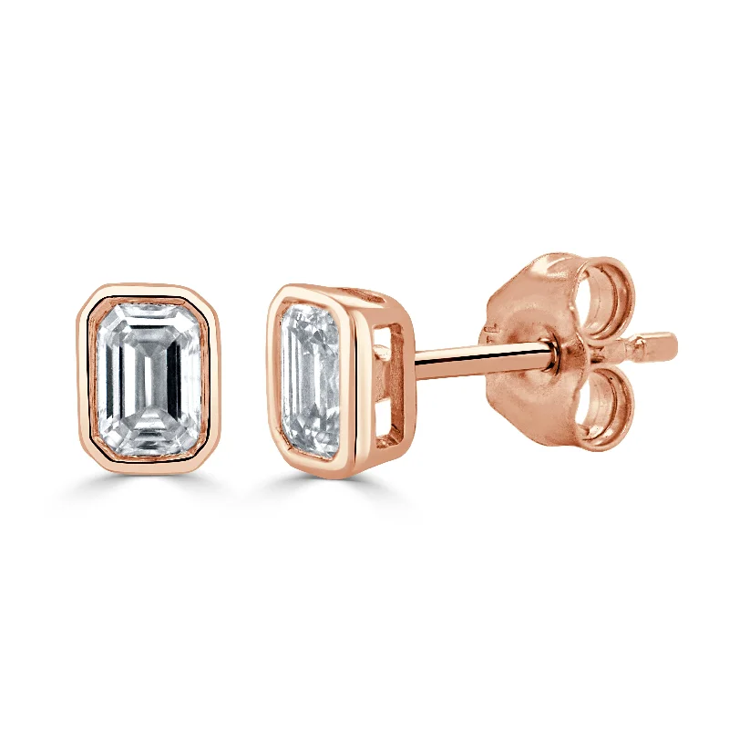 Floral Stud Earrings with Petals -14K Gold & Emerald-Cut Diamond Stud Earrings