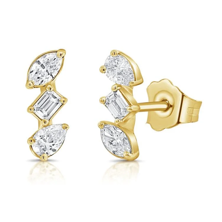 Retro Stud Earrings for Nostalgia -14K Gold & Fancy-Shape Diamond Stud Earrings