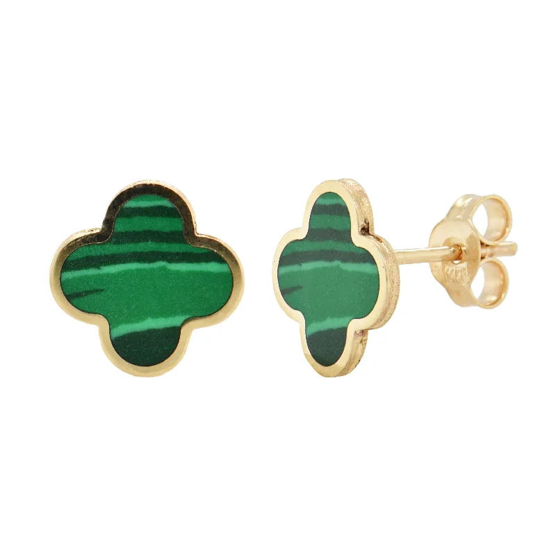 Magnetic Closure Stud Earrings for Easy -14k Gold & Malachite Clover Stud Earrings