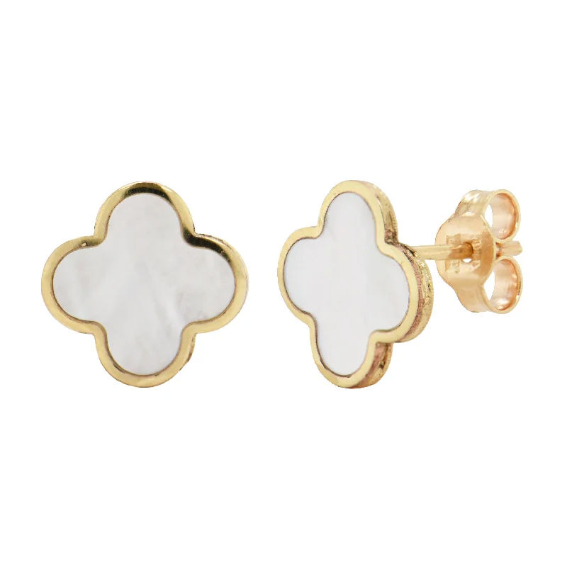 Lightweight Stud Earrings for All Day -14k Gold & Mother of Pearl Clover Stud Earrings