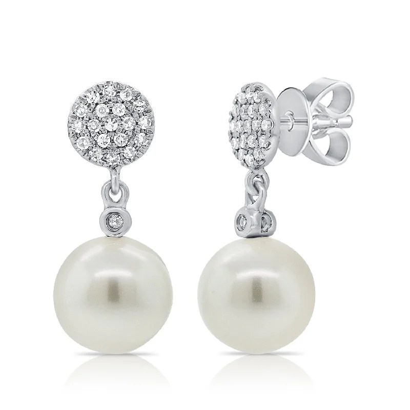 Stud Earrings for Evening Gown -14k Gold Pearl & Diamond Dangle Stud Earrings