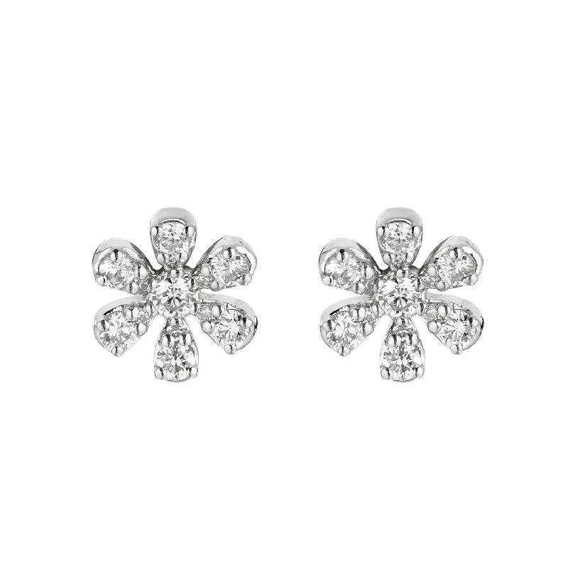 Gothic Stud Earrings with Dark Tone -14K White Gold Diamond Flower Shape Stud Earrings