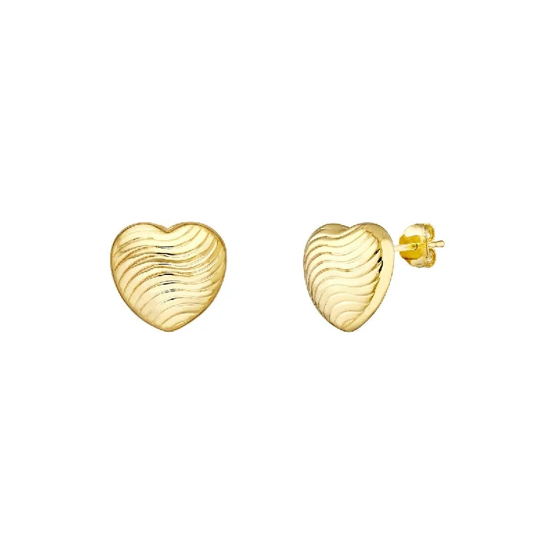 Stud Earrings with Leaf Motifs -14K Yellow Gold Heart Wave Pattern Stud Earrings