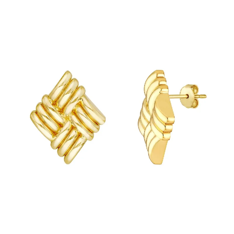 Heart Shaped Stud Earrings for Love -14K Yellow Gold Square Lattice Pattern Stud Earrings