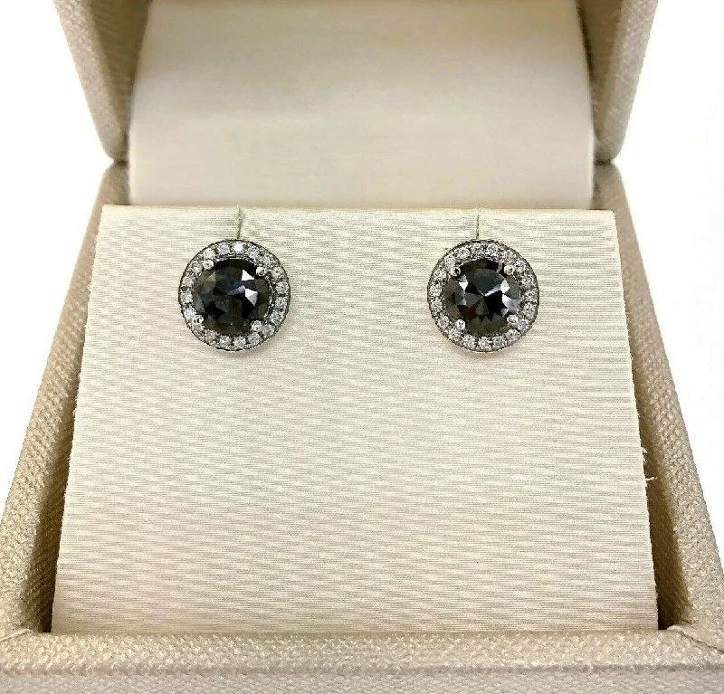 Stud Earrings with Textured Surface -2.81 Carats Round Brilliant Cut and Black Diamonds Halo Stud Earrings 14K White