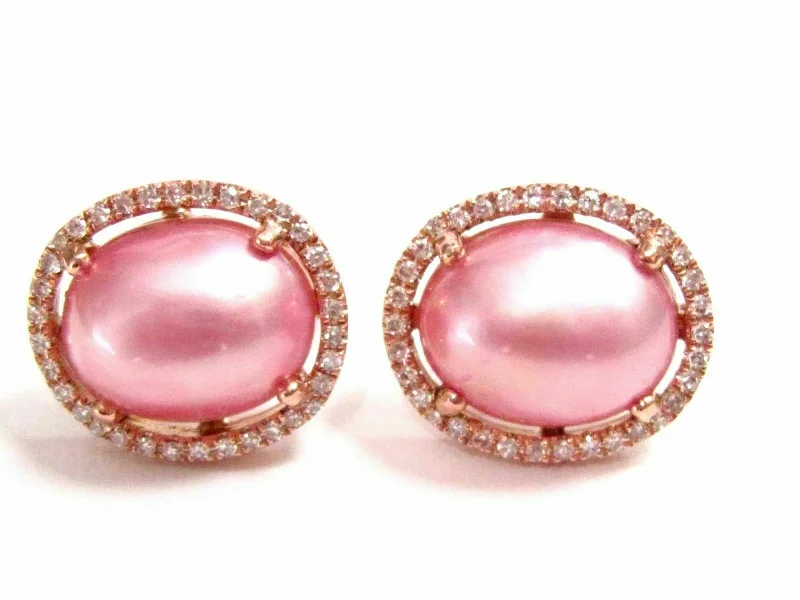 Stud Earrings with Matte Finish -4.10 TCW Oval Pink Pearl & Diamond Stud Earrings Push Back F SI-1 14k Rose Gold