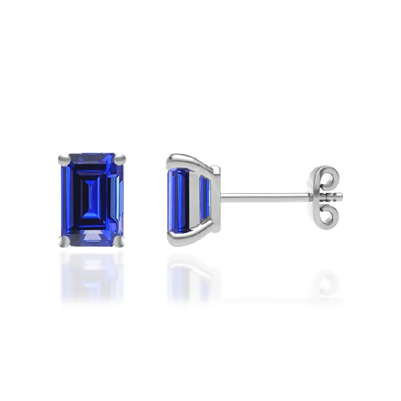 Stud Earrings for Engagement Party -AVIANA - Emerald Blue Sapphire 18k White Gold Stud Earrings