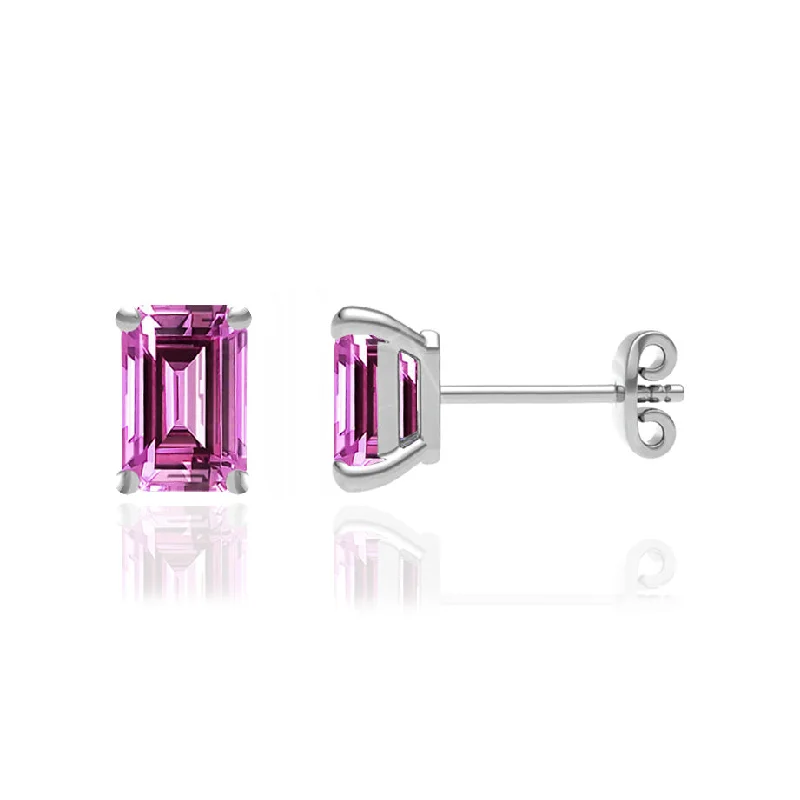 Stud Earrings for Prom Night -AVIANA - Emerald Pink Sapphire 18k White Gold Stud Earrings