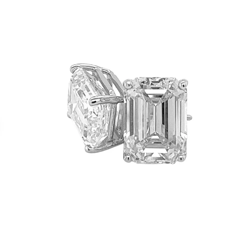 Stud Earrings with Floral Motifs -Diamond Stud Earrings - Emerald Cut Four Carats Each Ear