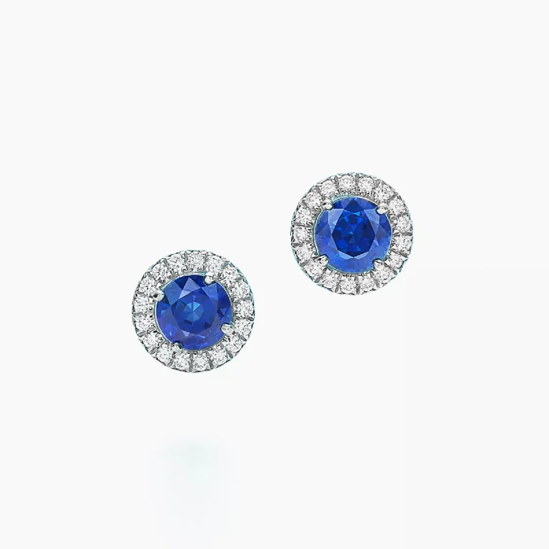 Stud Earrings with Crown Designs -Diamonds and Blue Sapphires Stud Earrings