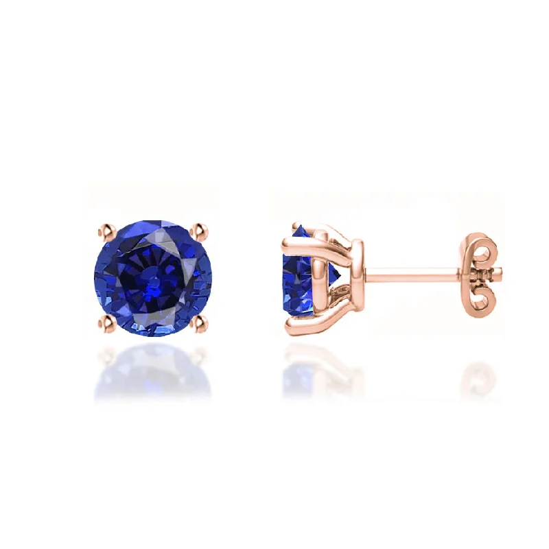 Ethnic Stud Earrings with Tribal Design -DOVE - Round Blue Sapphire 18k Rose Gold Stud Earrings