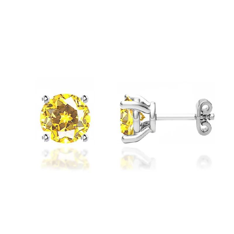 Indian Stud Earrings with Intricacy -DOVE - Round Yellow Sapphire 18k White Gold Stud Earrings