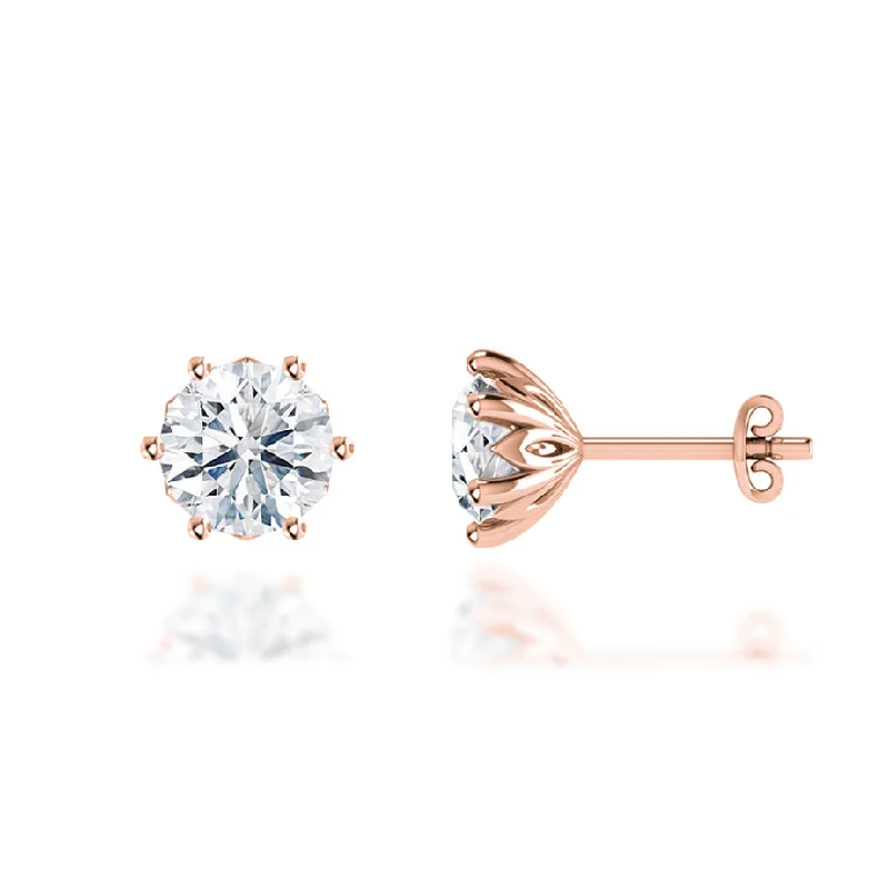 Stud Earrings with Polished Shine -ELOISE - Round Moissanite 18k Rose Gold Lotus Leaf Stud Earrings