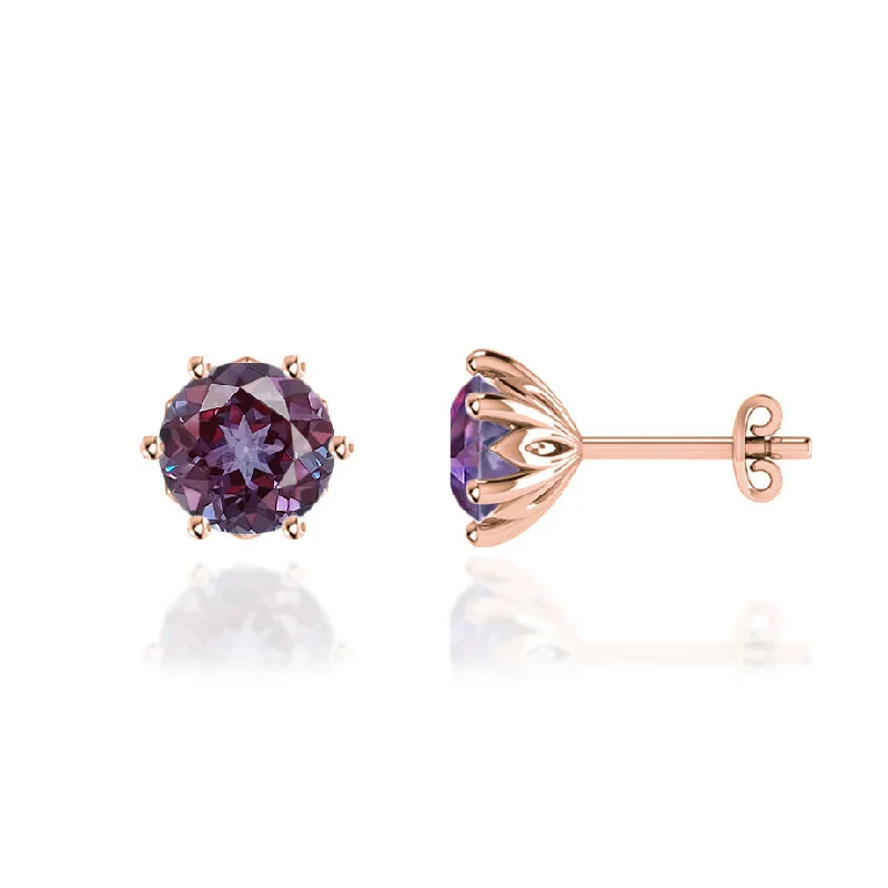 Gemstone Stud Earrings for Color -ELOISE - Round Alexandrite 18k Rose Gold Lotus Leaf Stud Earrings