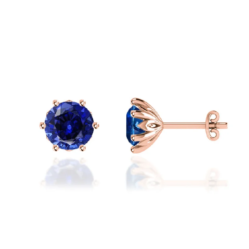 Stud Earrings with Infinity Symbols -ELOISE - Round Blue Sapphire 18k Rose Gold Lotus Leaf Stud Earrings