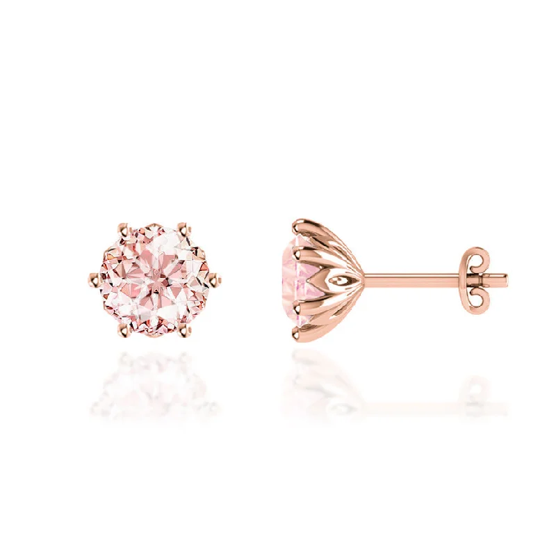 Stud Earrings with Vine Designs -ELOISE - Round Champagne Sapphire 18k Rose Gold Lotus Leaf Stud Earrings