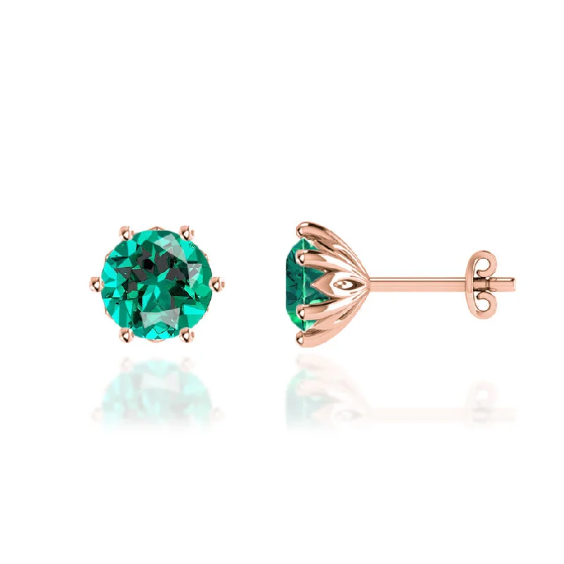 Silver Stud Earrings for Men -ELOISE - Round Emerald 18k Rose Gold Lotus Leaf Stud Earrings