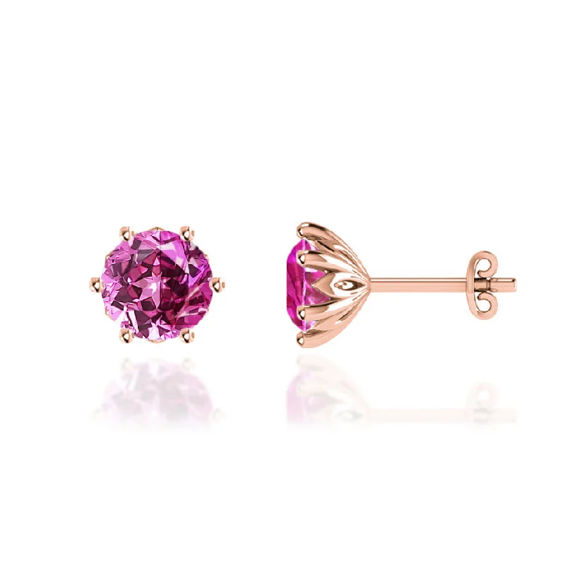 Stud Earrings with Knot Designs -ELOISE - Round Pink Sapphire 18k Rose Gold Lotus Leaf Stud Earrings